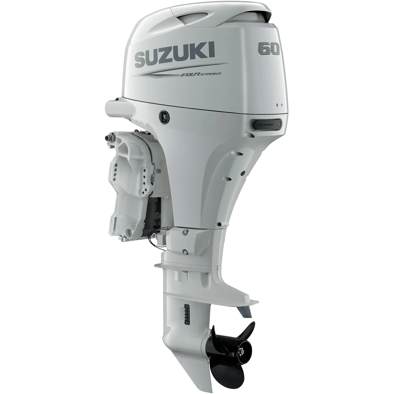 A white outboard motor with propeller and control panel details.
