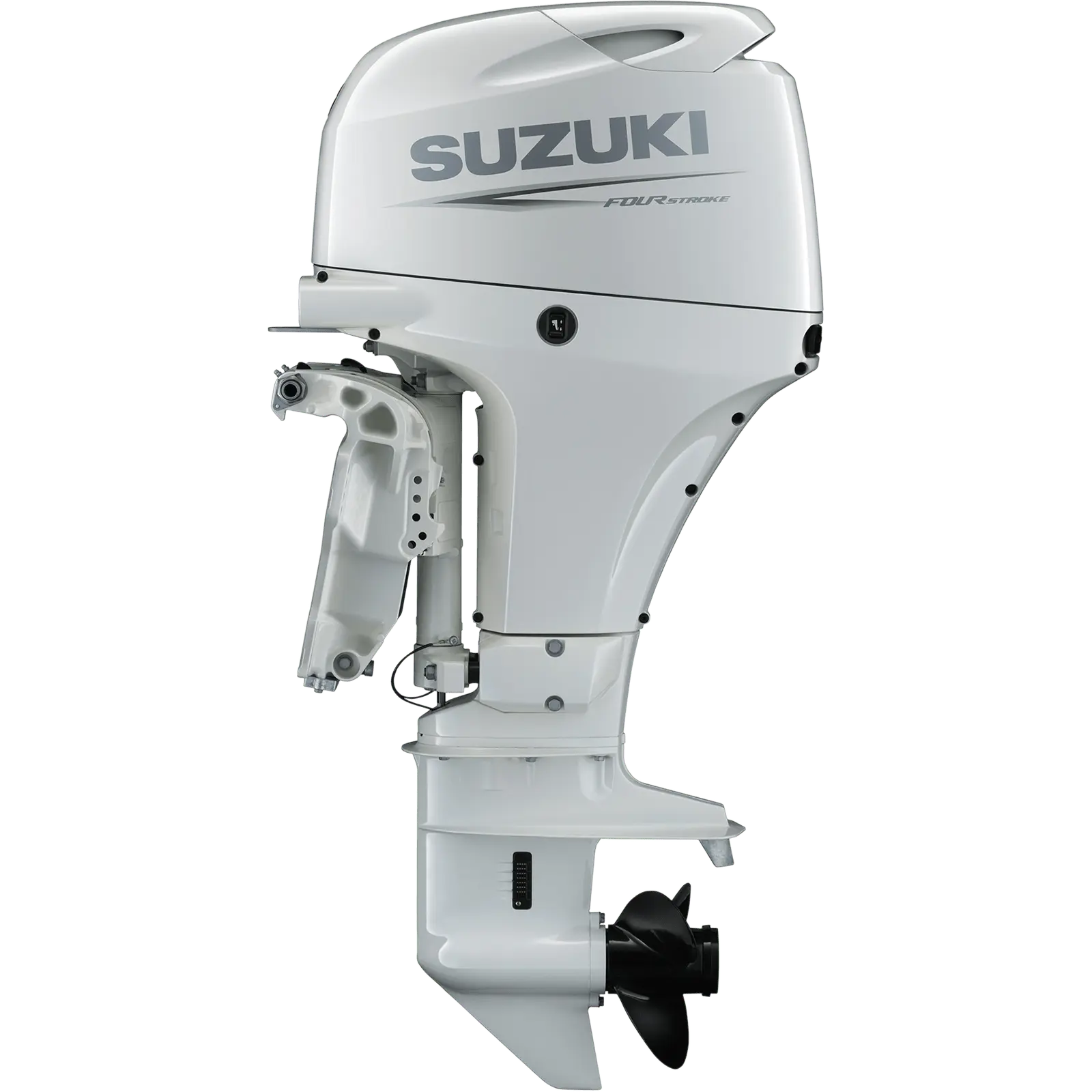 A white outboard motor with black propeller and Suzuki logo.