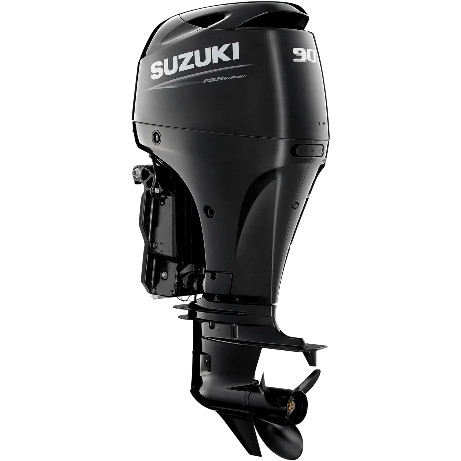 A sleek black outboard motor with propeller and control panel details.