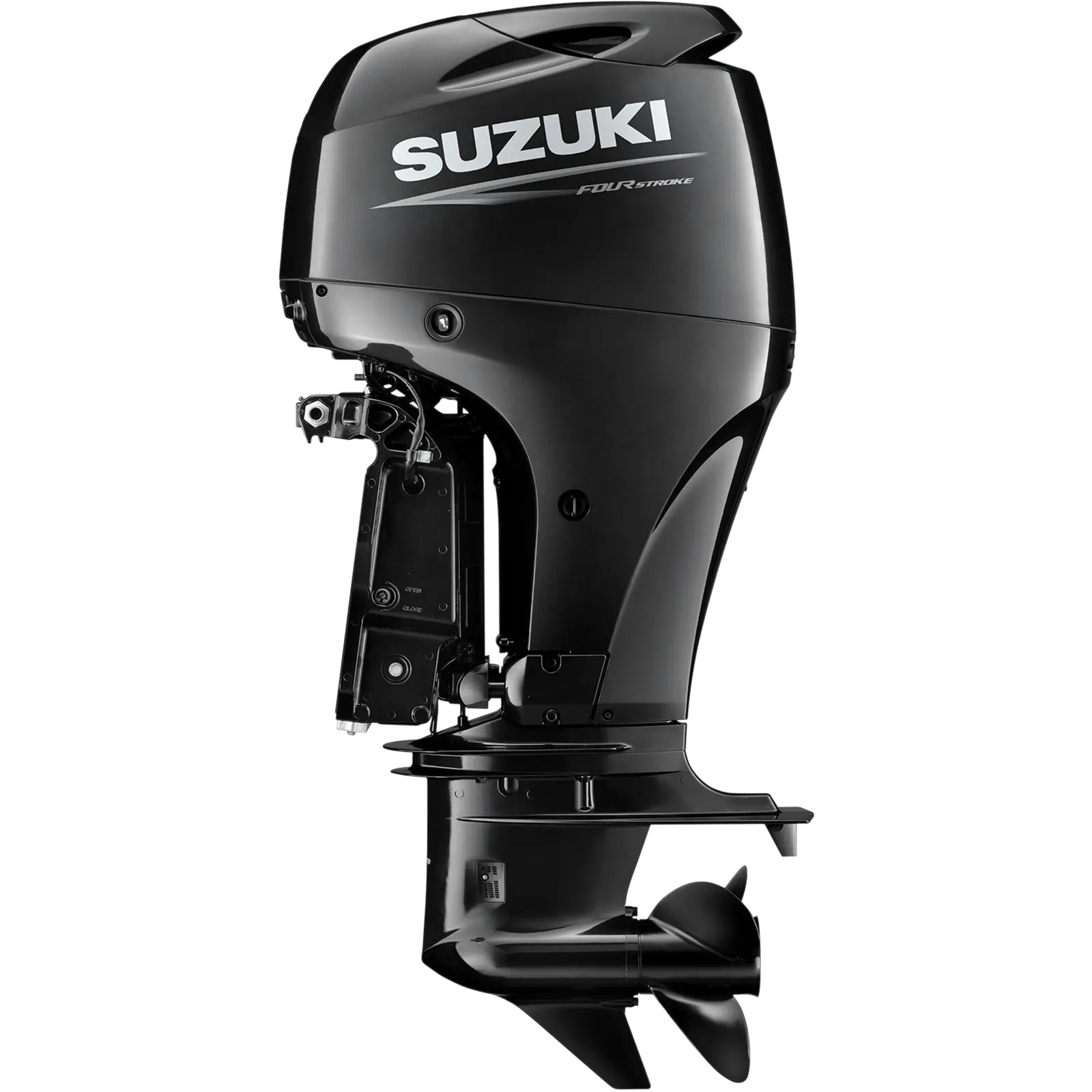 A sleek black outboard motor with propeller and branding details.
