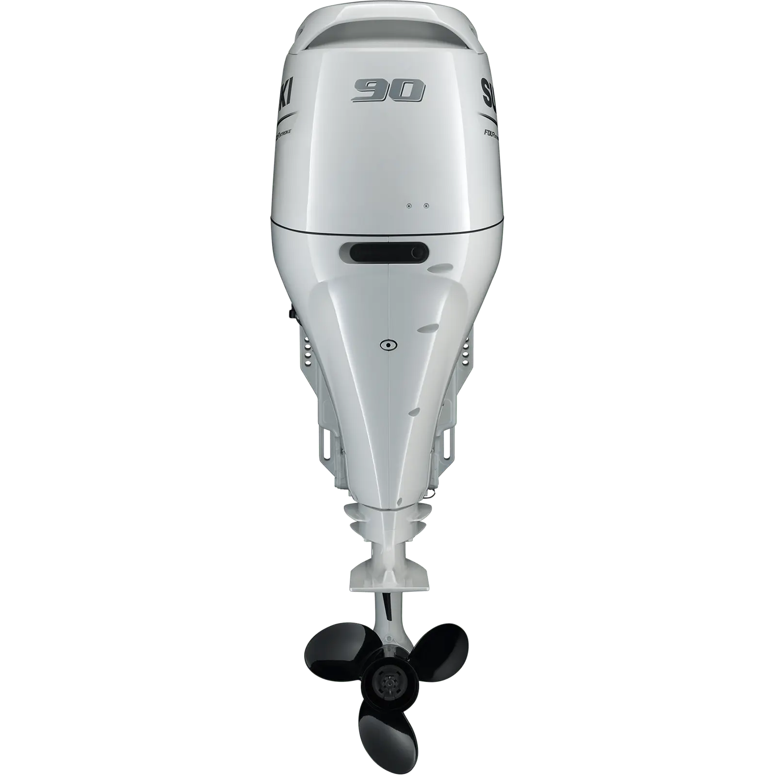 A white outboard motor with black propeller and number 90 on top.