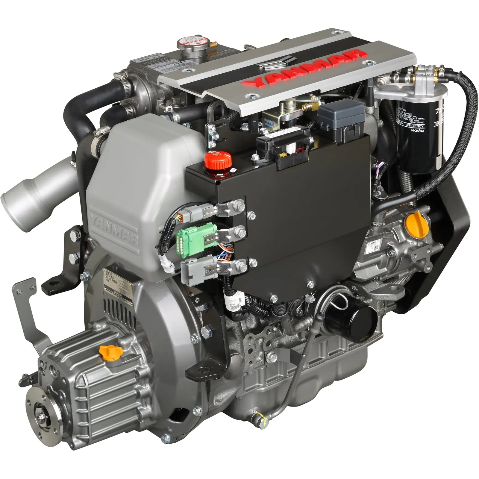 A Yanmar diesel engine with various components and hoses attached.