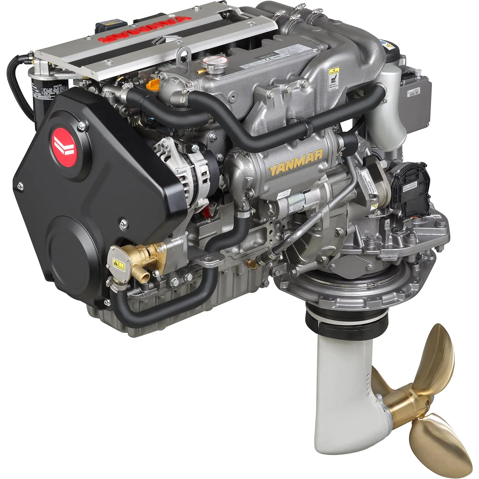 A Yanmar marine diesel engine with propeller attached.
