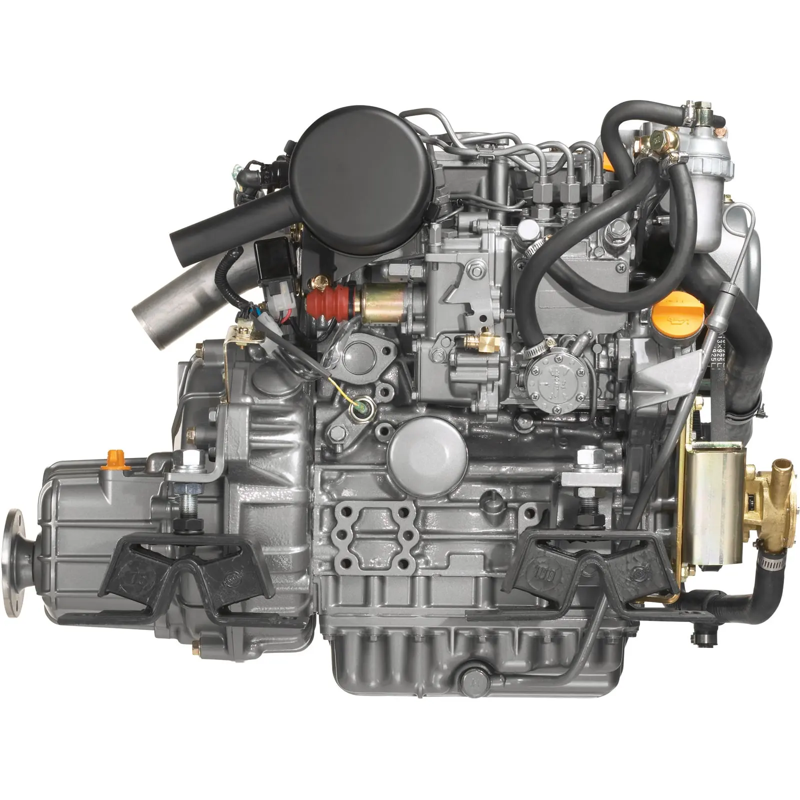 A close-up view of an industrial engine with various mechanical components and hoses.