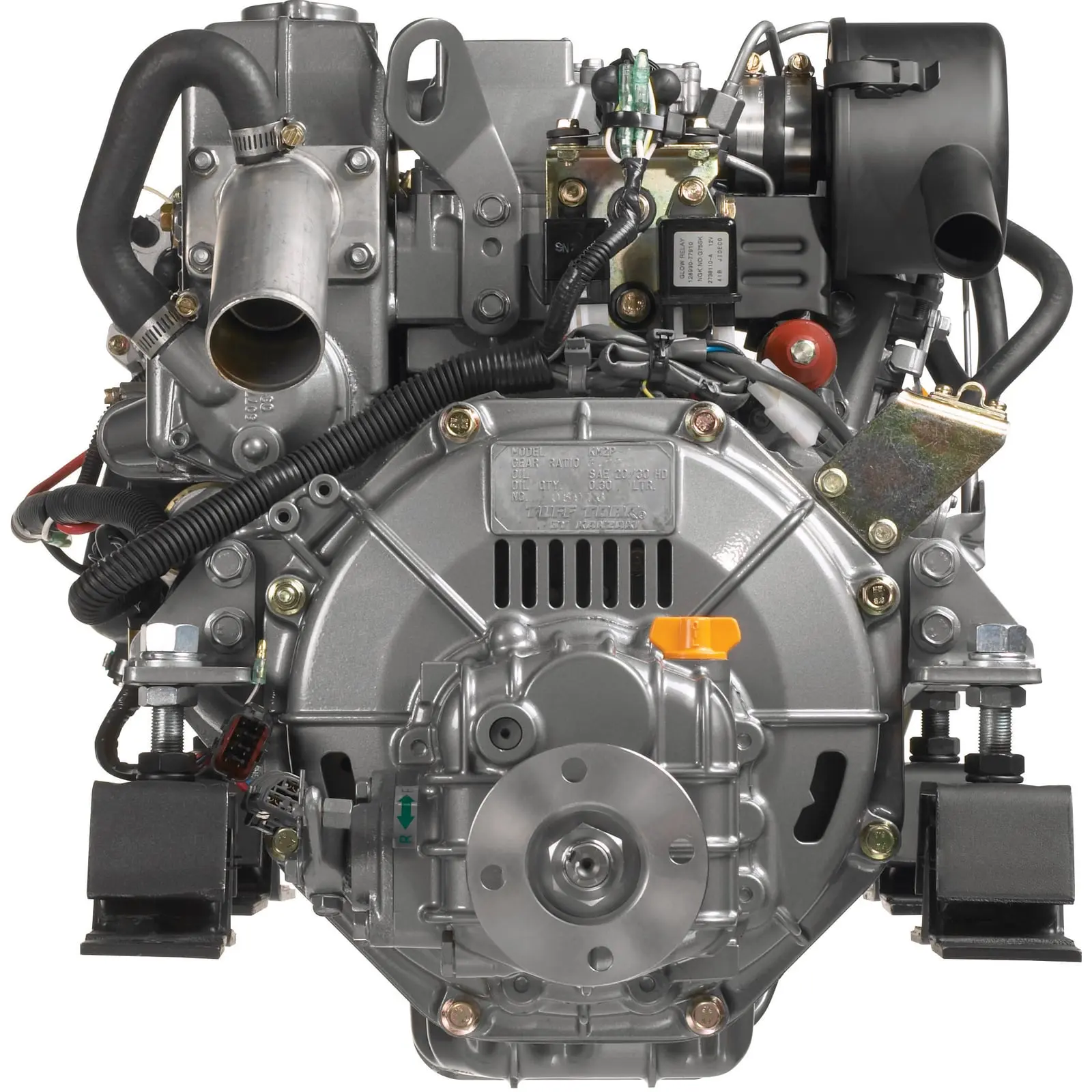 A close-up view of an engine with various components and wiring.