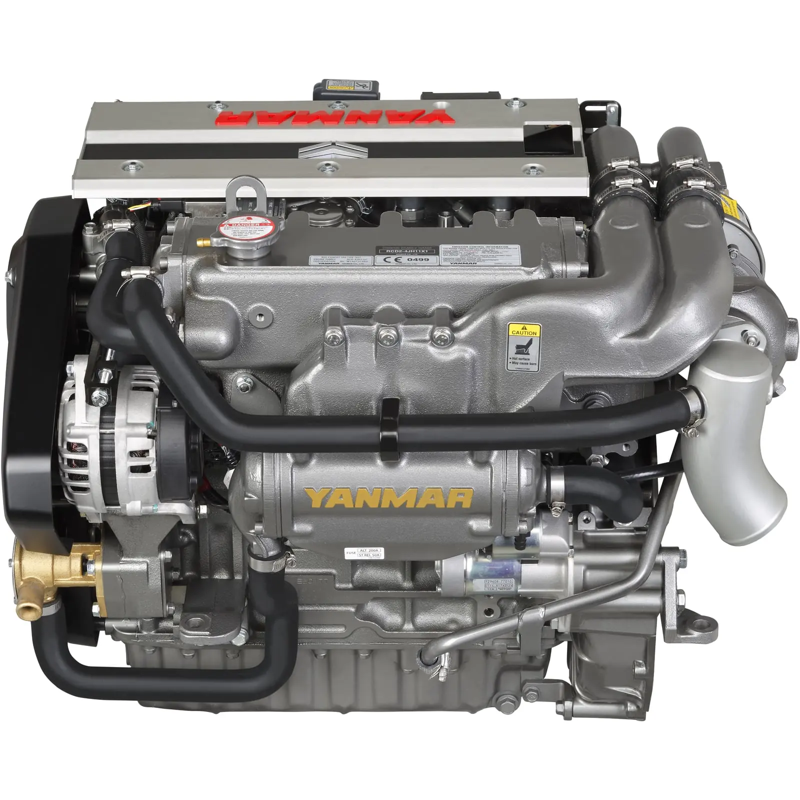 A Yanmar diesel engine with various components and hoses.