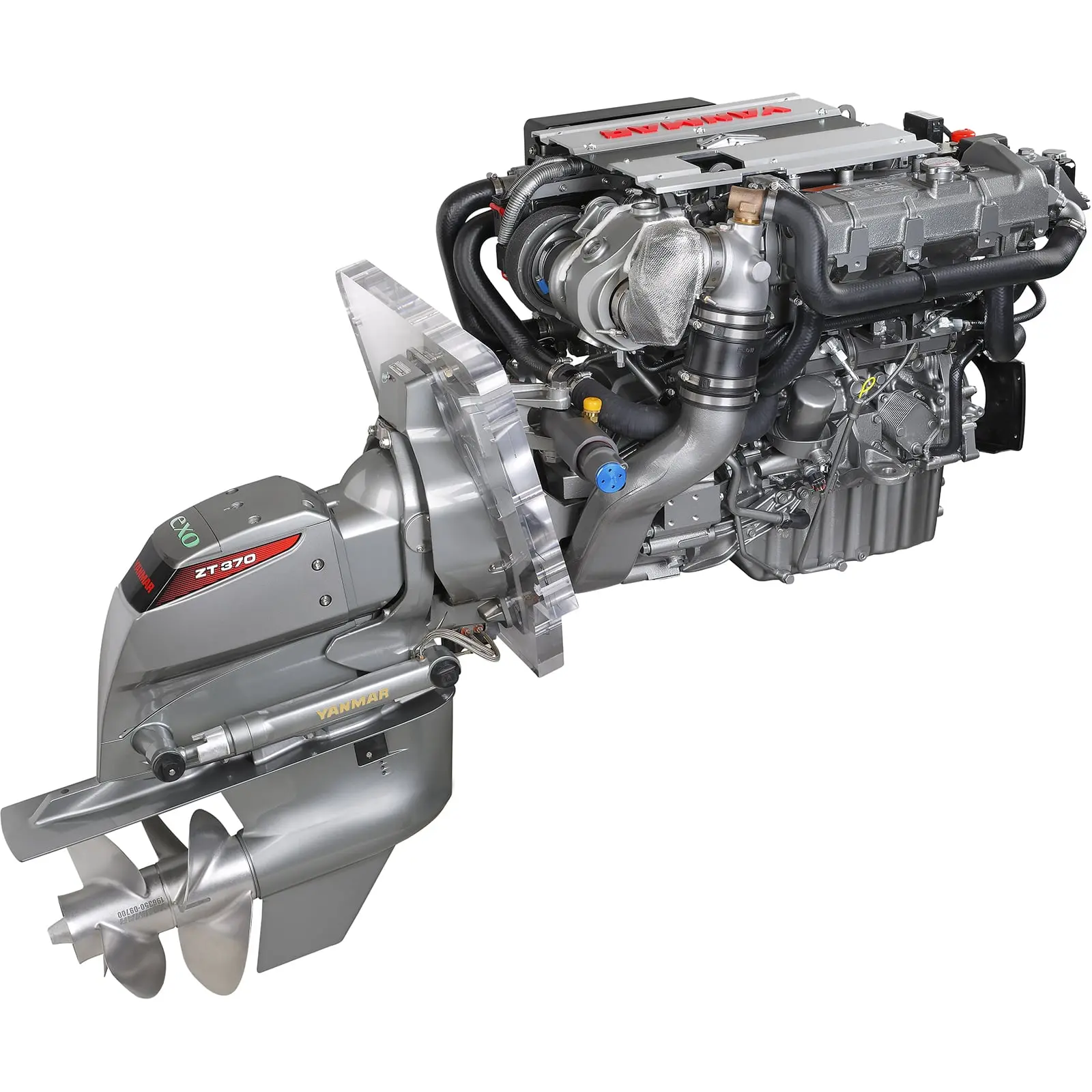 A marine engine with propeller and exhaust system.