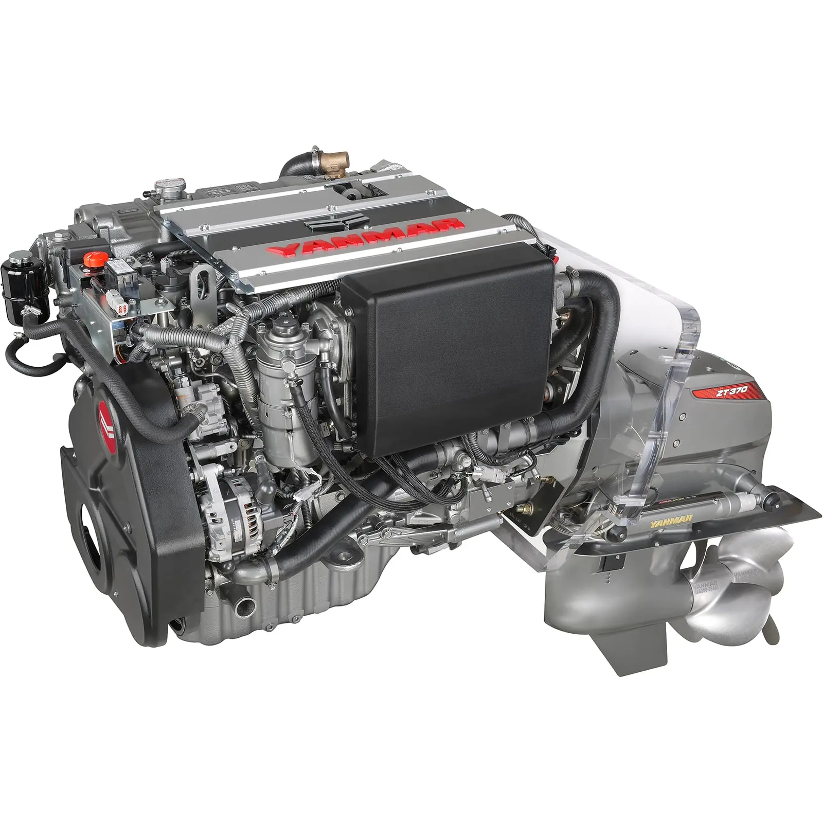 A Yanmar outboard motor with propeller and various mechanical components.