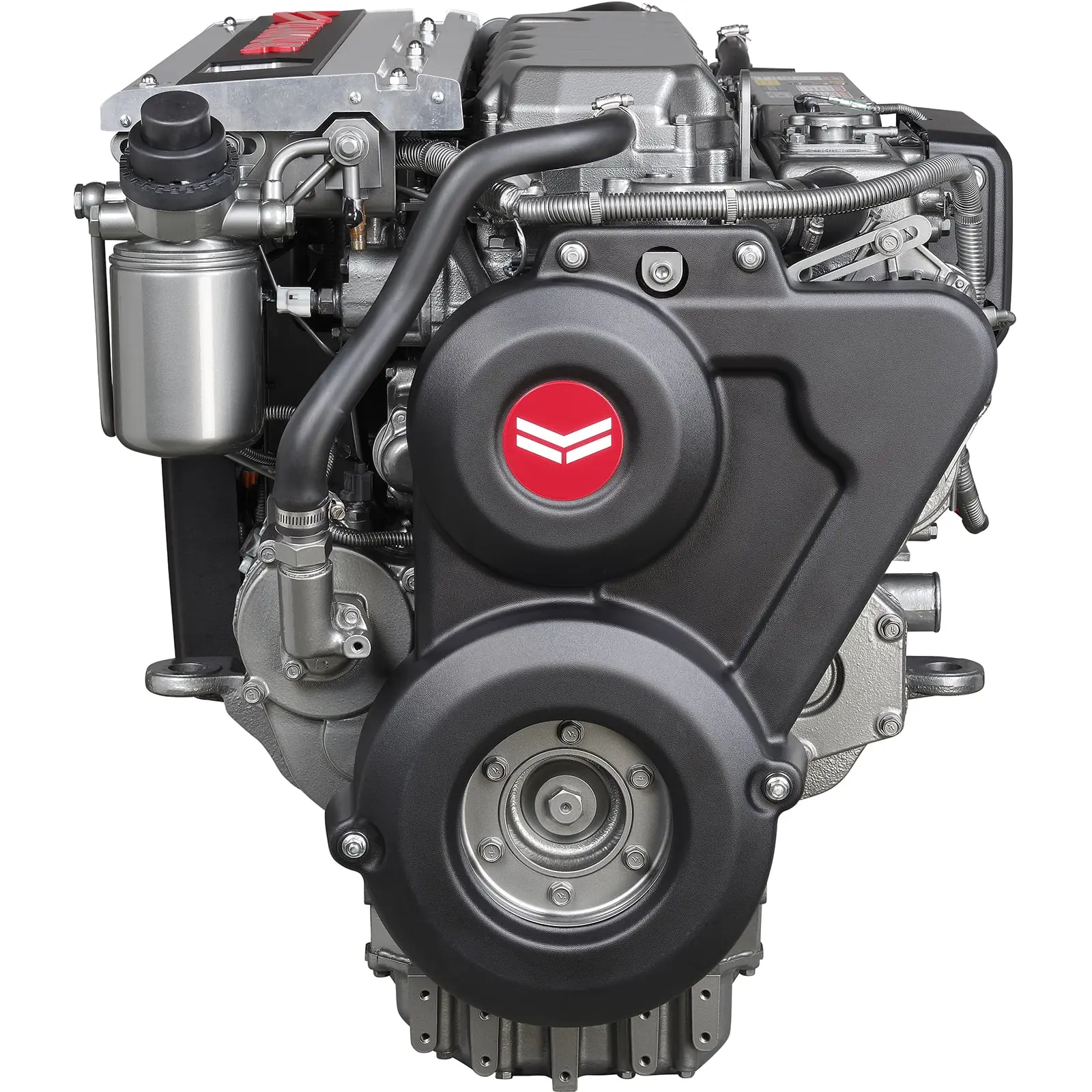 A detailed view of an engine with various components and hoses connected.