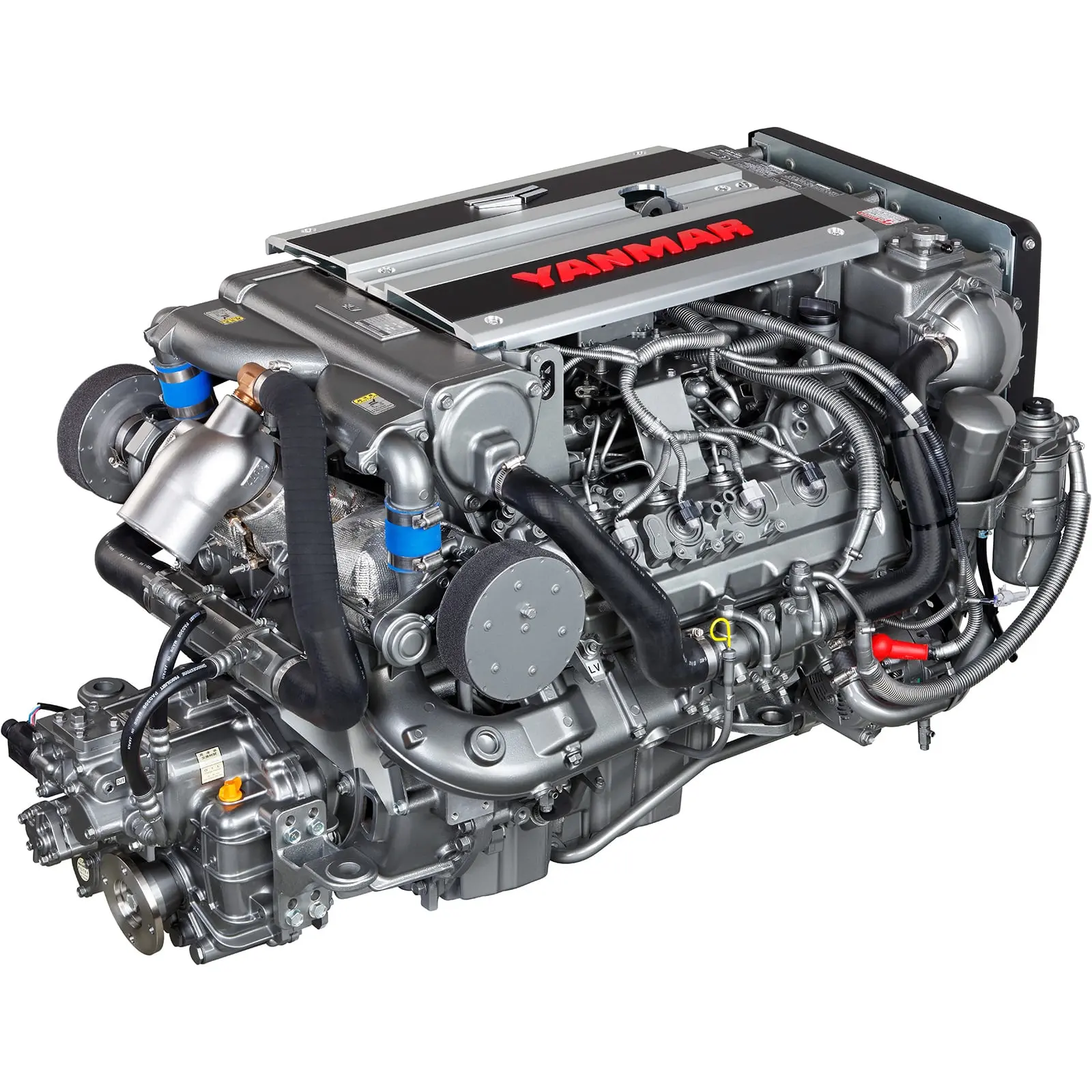 A Yanmar diesel engine with various pipes and components exposed.