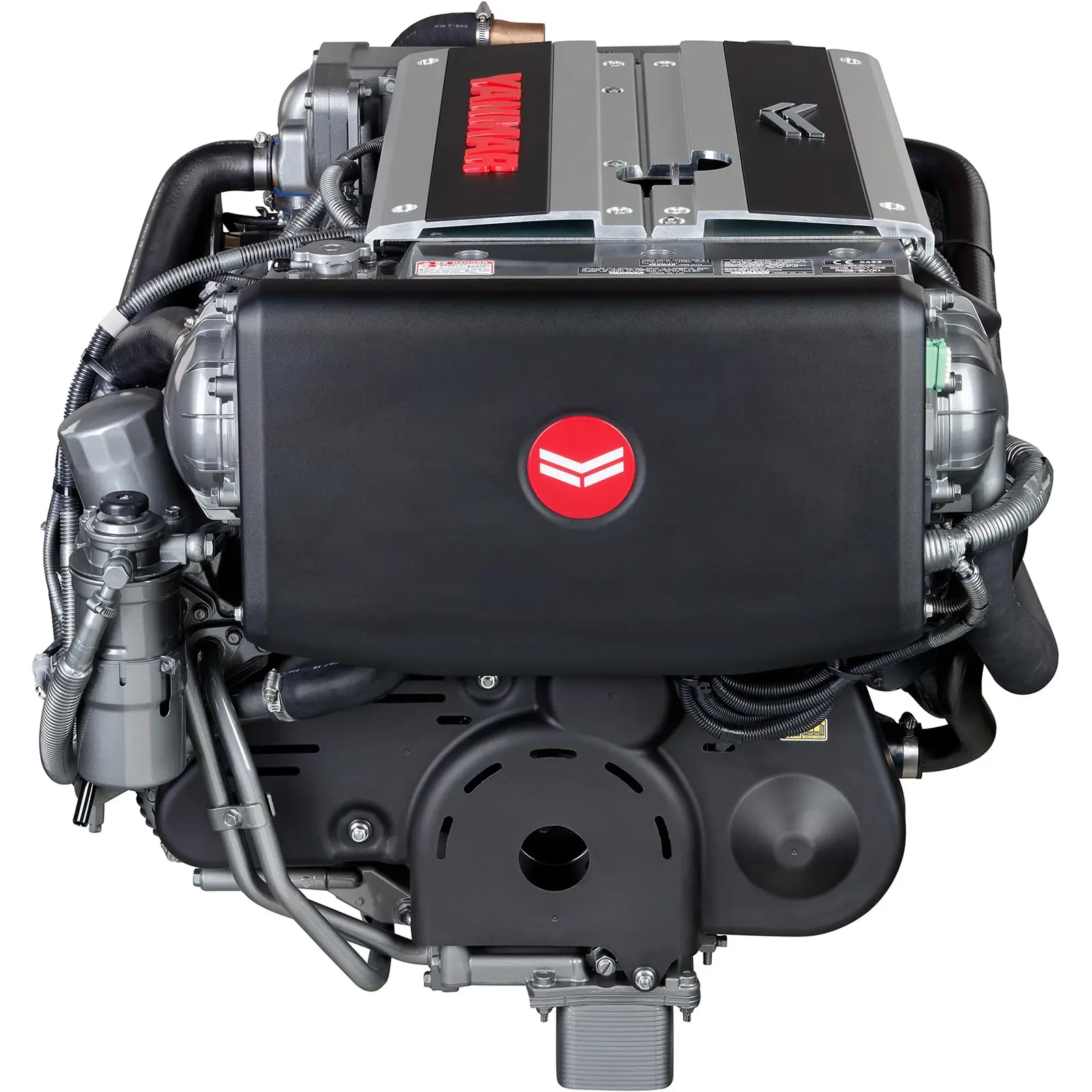 A close-up view of an engine with various components and hoses connected.