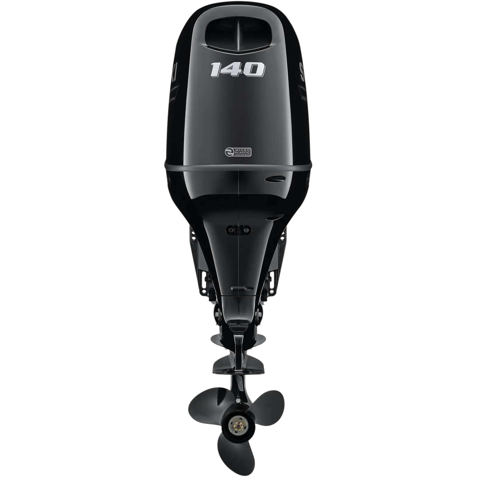 A sleek black outboard motor with propeller and number 140 on top.