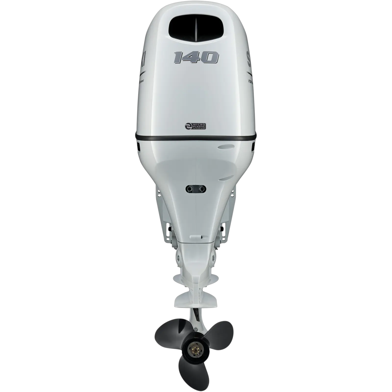White outboard motor with 140 horsepower rating and black propeller at bottom.