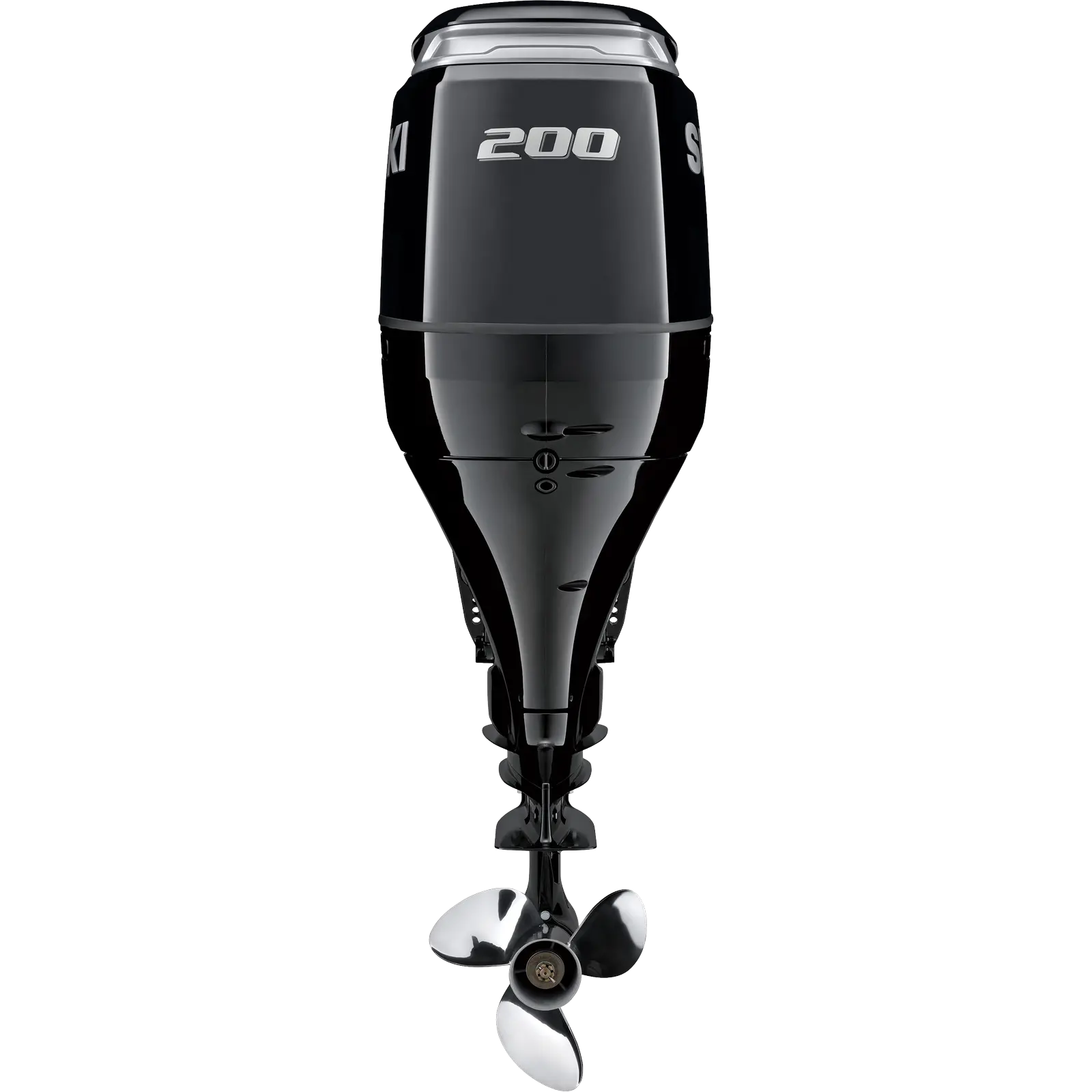 A sleek black outboard motor with propeller at bottom and "200" marking on top.