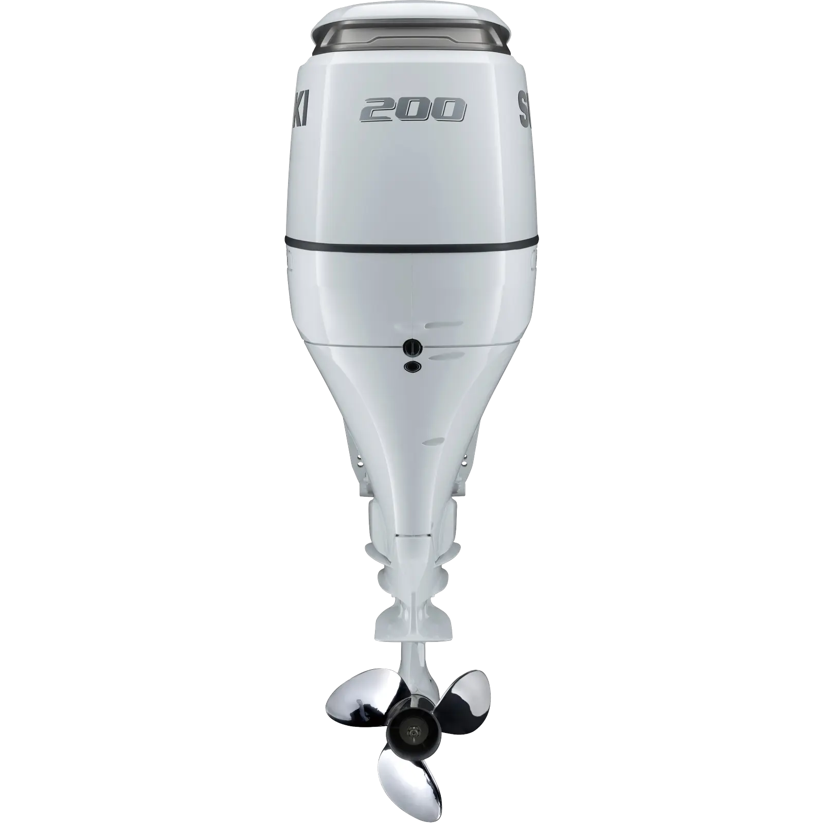 A sleek white outboard motor with chrome propeller and black markings.