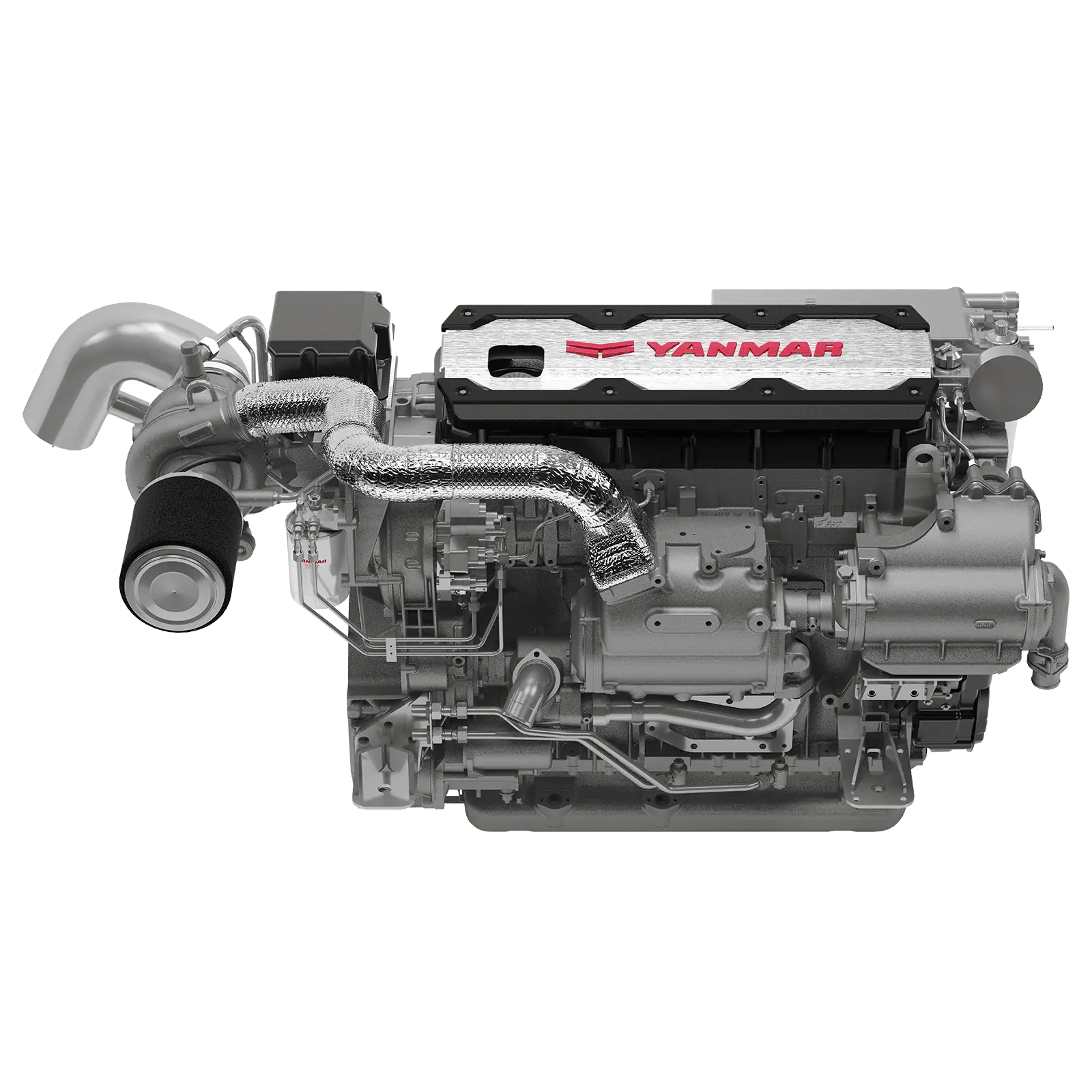 A Yanmar diesel engine with exhaust pipe and air intake hose.