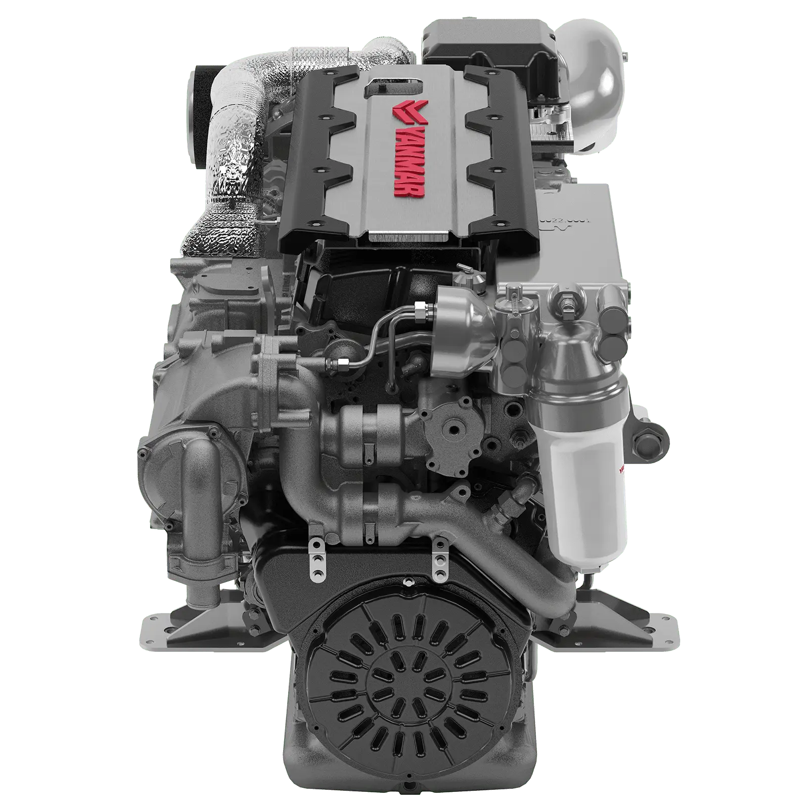 A detailed view of an engine with various mechanical components and cooling fins.