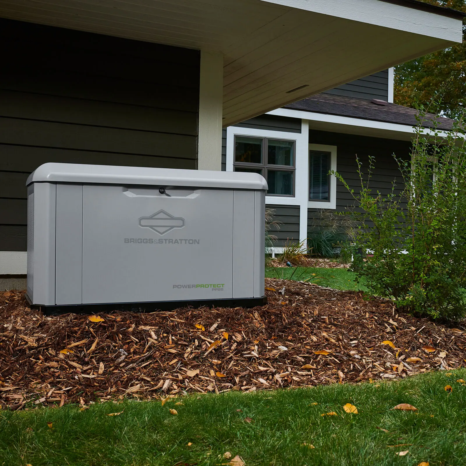 Briggs & Stratton PowerProtect standby generator installed beside a home
