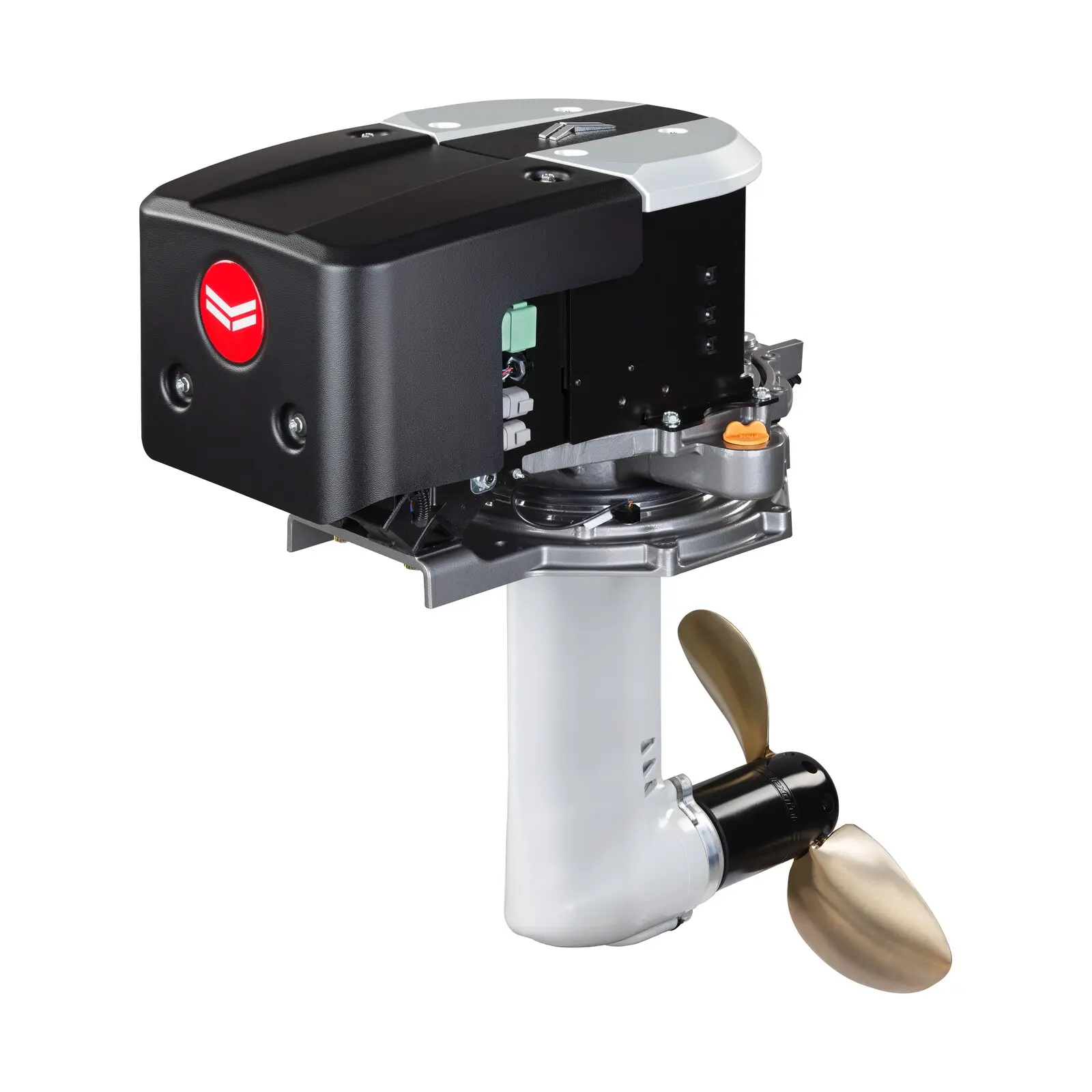 A modern outboard motor with gold propeller and red logo on black casing.