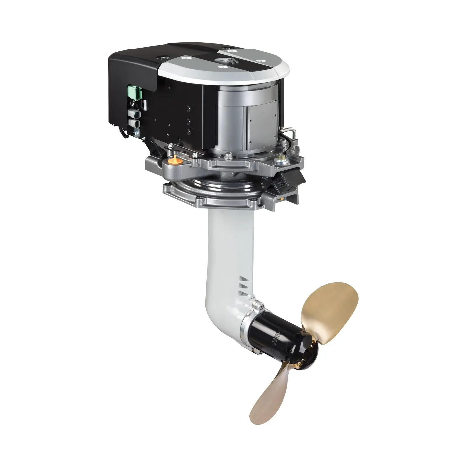 A small outboard motor with propeller attached to shaft.