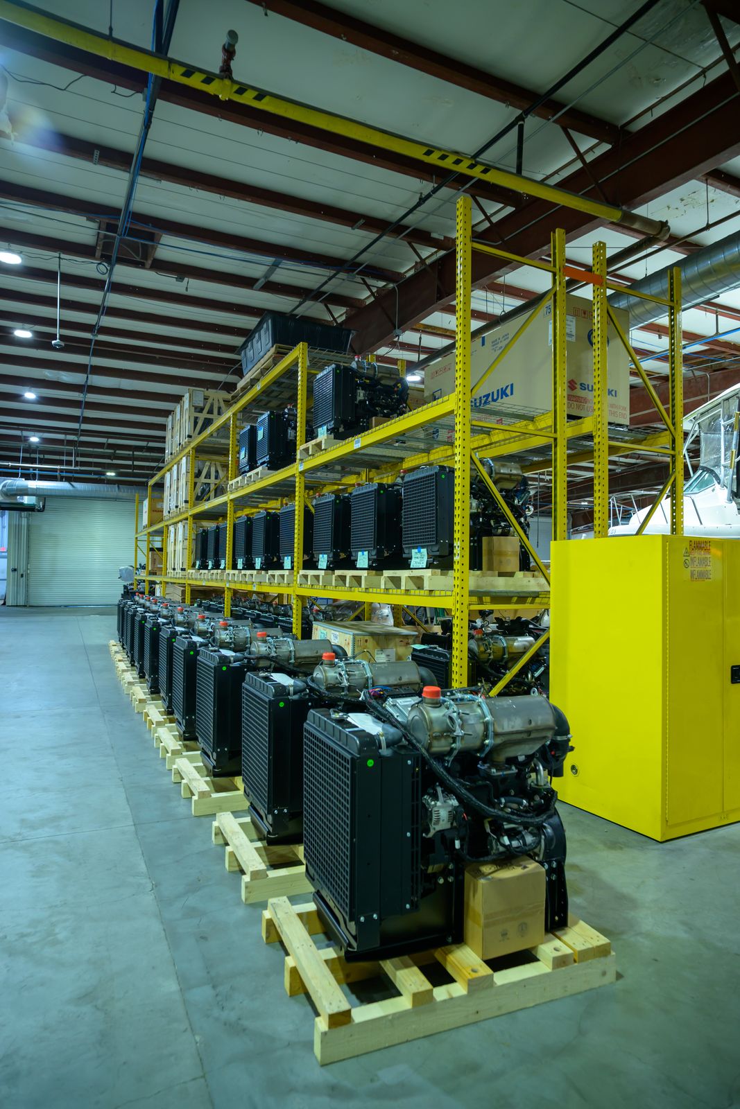 YANMAR industrial engines on pallets in the Mastry warehouse in Clearwater